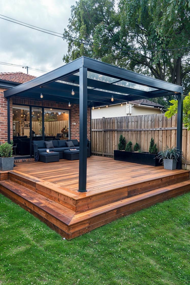 Modern backyard deck with covered pergola