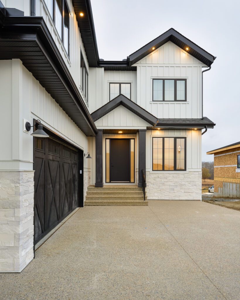 Modern home exterior with black and white finishes